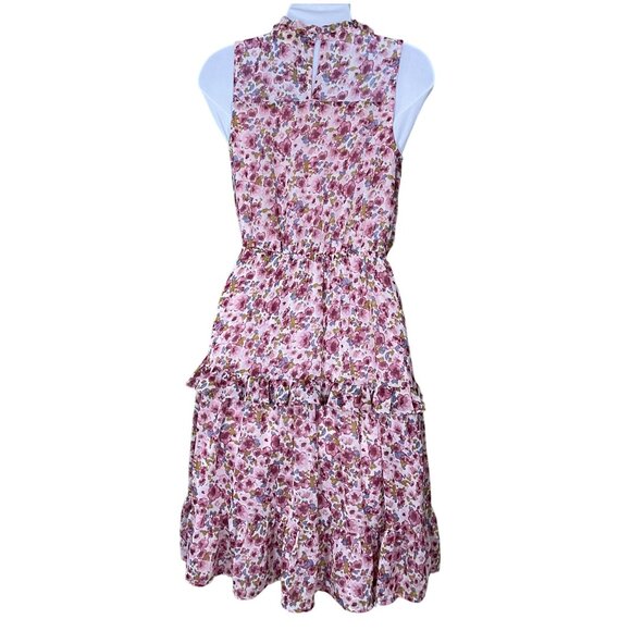 Monteau Sleeveless Pink Floral Ruffled Tiered High Neck Dress Keyhole Back XS - Picture 3 of 8